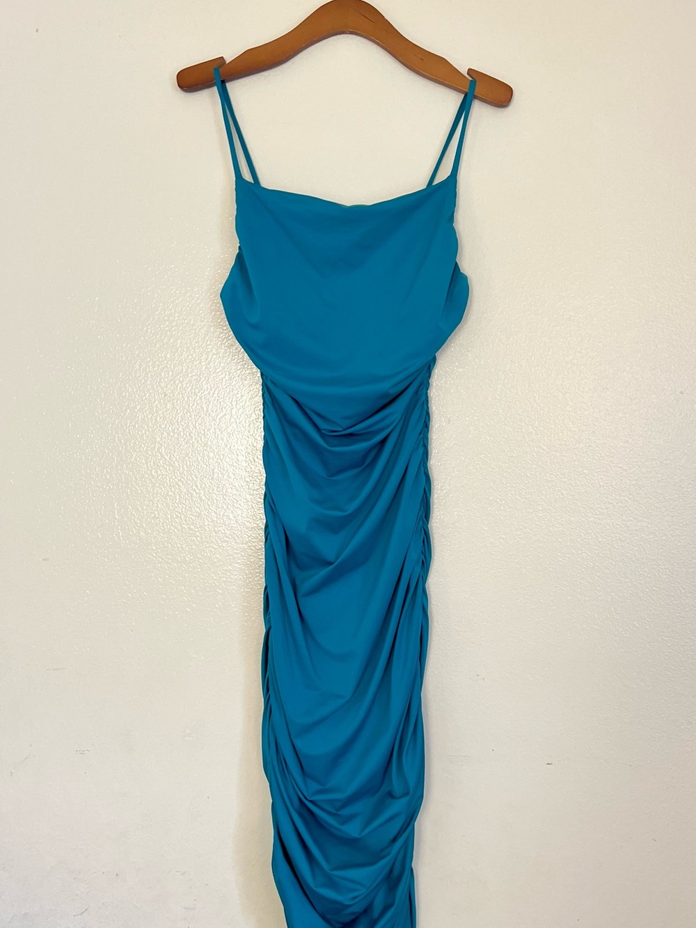 Susana Monaco Teal Ruched Slip Midi Dress with Double Straps